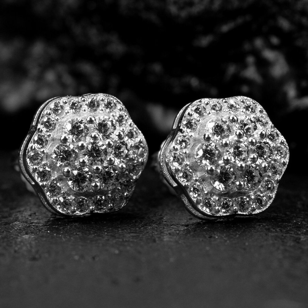 White Gold 925 Sterling Silver Round Flower Set Iced Cz Hip Hop Stud Earrings